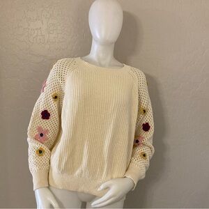 Promise Los Angeles Cream Open Knit With 3D Floral Sleeves Sweater Medium